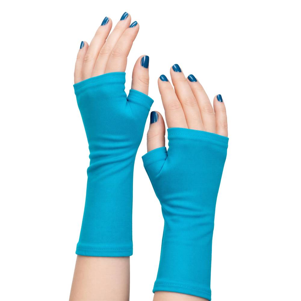 Handschuhe fingerlos für die ganze Familie aus Jersey uni aus 24 Farben wählbar -> hier Töne helles blau, türkis Bild 3
