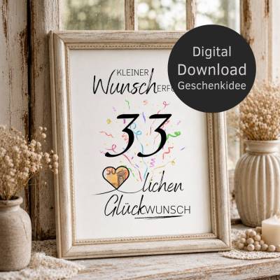 Geldgeschenk 33. Geburtstag | Wunscherfüller | Last Minute Geburtstagsgeschenk zum selbst ausdrucken | Digital Download