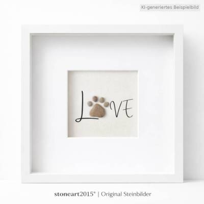 Kieselsteinbild „Love" mit Pfotenmotiv – Steinbild Hund & Katze – Geschenk für Tierliebhaber