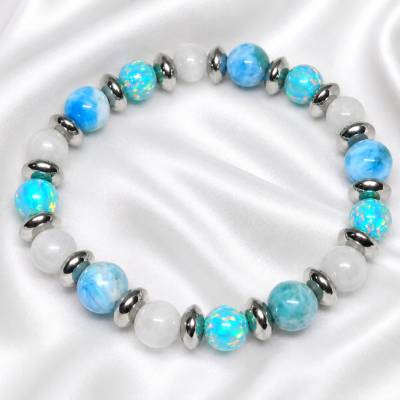 Larimar Armband | A++ Qualität | Selenit & Opal | 19 cm | Handarbeit