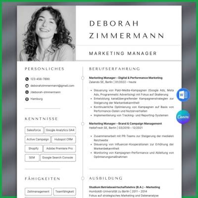 Lebenslauf Vorlage Marketing Manager | Tabellarischer Lebenslauf in Word & Canva | Modern & Kreativ