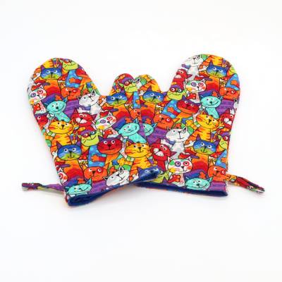 Topfhandschuhe Katzen 2er Set Baumwolle Ofenhandschuhe Thermolam Hitzeschutz Küche Backhandschuhe Bunt Lustig Handarbeit