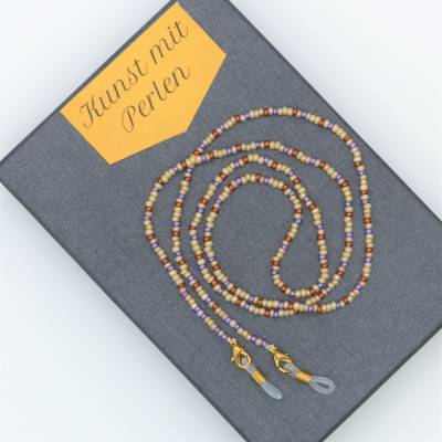 Brillenkette beige violett kupfer – handgefädelt aus Glasperlen, variabel, mit Karabiner & Brillenschlaufen