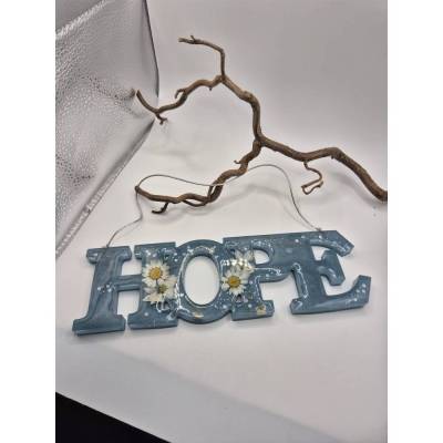 Hope Schriftzug zum Aufhängen Grau-blau mit Blüten