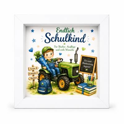 Holz-Spardose "Endlich Schulkind" mit Trecker– Geschenk zur Einschulung | Sparbox für Jungen