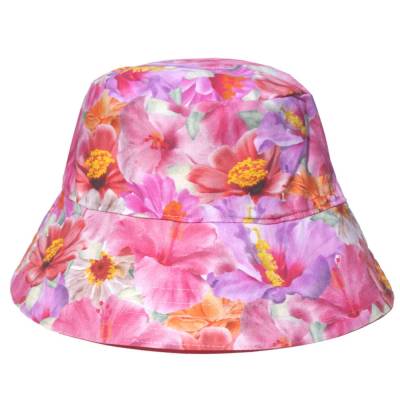 Wendbarer Sommerhut Bucket Hat Hibiskus & Rosa – Handgemachter Fischerhut aus Baumwolle