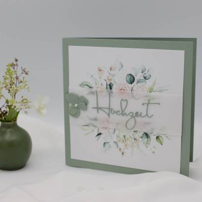 Edle Glückwunschkarte zur Hochzeit - Handgefertigte Hochzeitskarte mit romantischem Blüten-Motiv