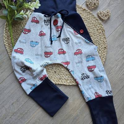 Leichte Sommer Pumphose Autos für Jungen Gr.98/104 aus Bio-Baumwolle – Handgemachtes Unikat Grau & Blau