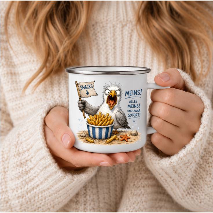 Lustige Möwe mit Snacks Alles meins | Witzige Maritime Tasse | Nordsee Ostsee Geschenk