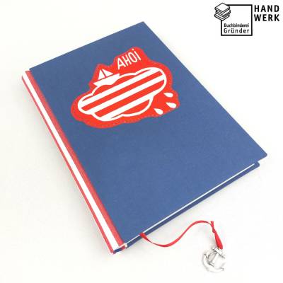 Notizbuch, Ahoi, Siebdruck, DIN A5, Logbuch, maritim, blau, rot, weiß, Anker, Schiff