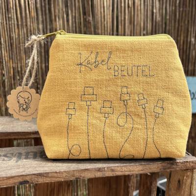 Kabelbeutel // Leinentasche für unterwegs // Krimskrams // Kabel // Urlaub // Camping ockergelb