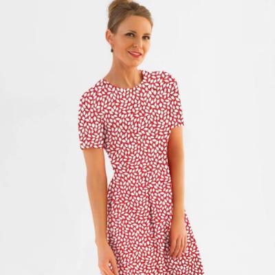 Kleid MIKA ärmellos oder Kurzarm  Kleiderlänge nach Wahl Blättchen rot-weiß