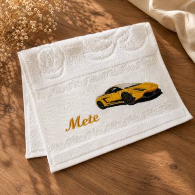 Personalisiertes Gästehandtuch Naturweiß | Mit Wunschname & Sportwagen-Stickerei | 30 × 50 cm | 100 % Baumwolle
