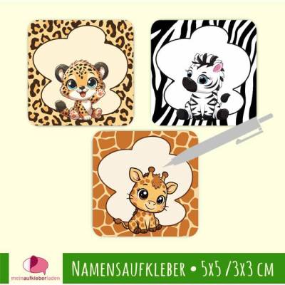 Quadratische Blanko Namensaufkleber zum Selbstbeschriften | Tiermuster - Leopard, Zebra, Giraffe