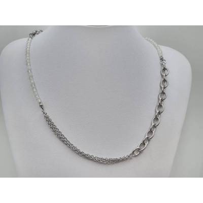 Edelstahlkette mit Opalquarz – Handgefertigte Gliederkette mit Edelsteinperlen | 49 cm (831)