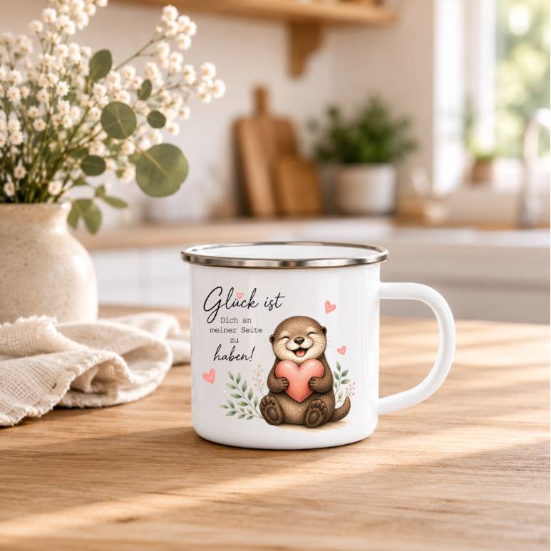 Glück ist Dich an meiner Seite zu haben - Emaille Tasse Otter | Lustige Camping Tasse