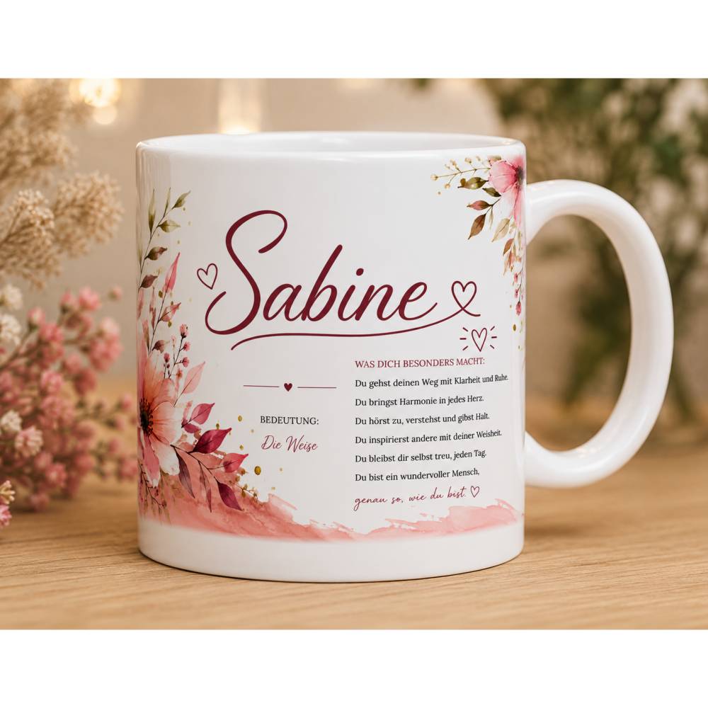 Personalisierte Tasse „Sabine“ – Namensbecher mit Bedeutung „Die Weise Geschenk für Frauen