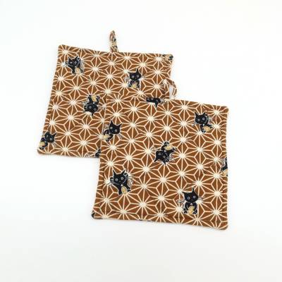 Topflappen im 2er Set, mit hübschen Katzenmotiv, aus Japan-Stoff 100 % Baumwolle, für Katzenfreunde, 19 cm x 19 cm