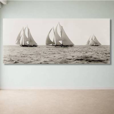 Maritimes Panorama Wandbild Segelschiffe, Schiffe auf dem Meer um 1892  alte nautische Schwarz weiß Fotografie 