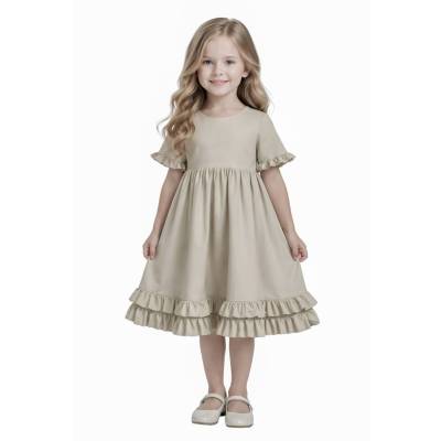 Kinder Kleid Akari in monochrome beige aus Baumwolle, Handarbeit, Unikat