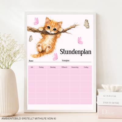 Digitaler Stundenplan Katze , Boho Watercolor Design für die Schule, Printable PDF  