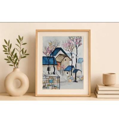 Aquarellbild kleine Dorflandschaft