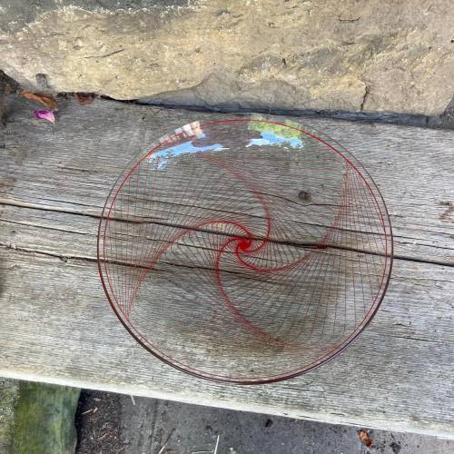 Gebäckteller Glasteller Ø 23 cm rotes verwirbeltes Streifendekor Glaswerke Olbernhau 70er Jahre DDR