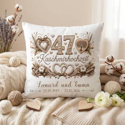 Geschenk Kaschmirhochzeit personalisiert Kissen 47 Hochzeitstag Namen Datum