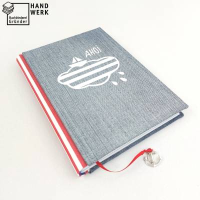 Notizbuch, Jeans, Siebdruck, Ahoi, DIN A5, Logbuch, maritim, blau, rot, weiß, Anker, Segelboot