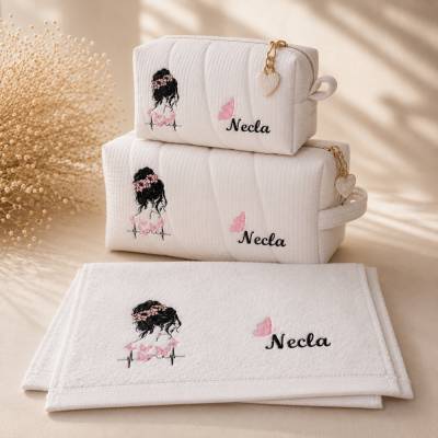 Personalisiertes Geschenkset | Gästehandtuch & 2 Kosmetiktaschen | Mit Wunschname | Herzanhänger | Bestickt