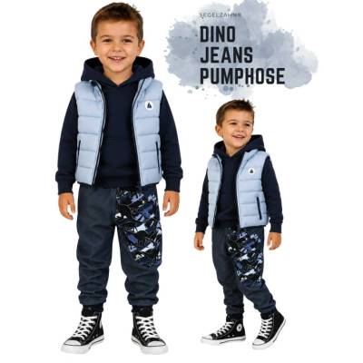 Dino Jeans Hose Kinder | Pumphose Jungen Blau | Kinderhose Jeansstoff Dinosaurier | Mitwachshose Unisex Junge Mädchen