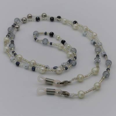 Brillenkette - weiss silber grau anthrazit - Perlenmix handgefädelt - mit Karabiner und Brillenschlaufen