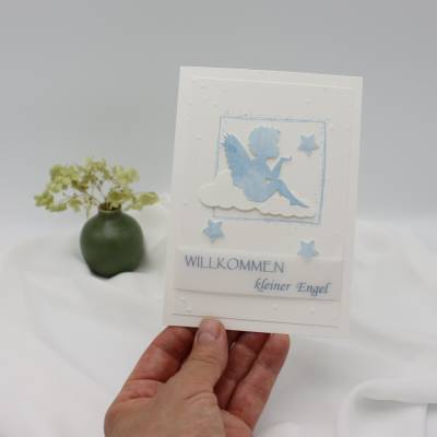 Babykarte "Willkommen kleiner Engel" - Handgemachte Glückwunschkarte zur Geburt oder Taufe