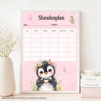 Digitaler Stundenplan Pinguin , Boho Watercolor Design für die Schule, Printable PDF  