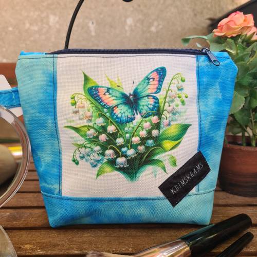 Kosmetiktasche Schmetterling aqua | Schminktasche floral grün | Kulturbeutel handmade | Make-up Tasche Maiglöckchen