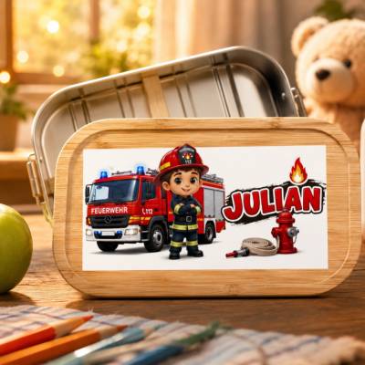 Personalisierte Brotdose Feuerwehr mit Wunschname | Brotdose Bambus Edelstahl für Kindergarten & Schule
