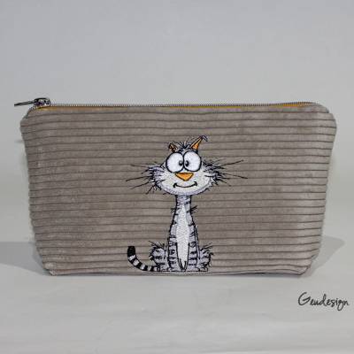 Cord-Kosmetiktasche mit lustiger Katzenstickerei und Reißverschluss