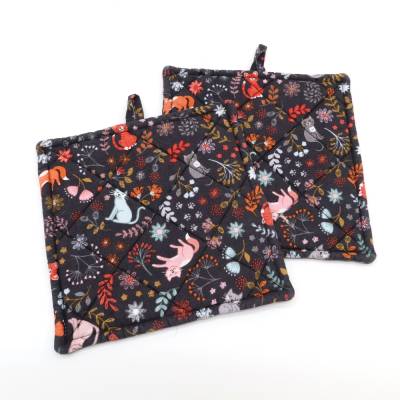 Topflappen Katzenmotiv 2er Set Baumwolle 19x19 Hitzeschutz Küche Untersetzer Dunkelgrau Küchendeko Handmade Floral Bunt