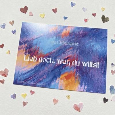 Spruch-Postkarte A6 • Christliches Pride-Statement • Kunstmotiv Blau-Bunt