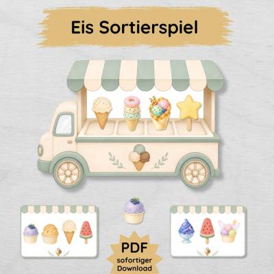 Eiswagen Sortierspiel für Kinder mit 20 Eissorten und 30 Legekarten zum Ausdrucken