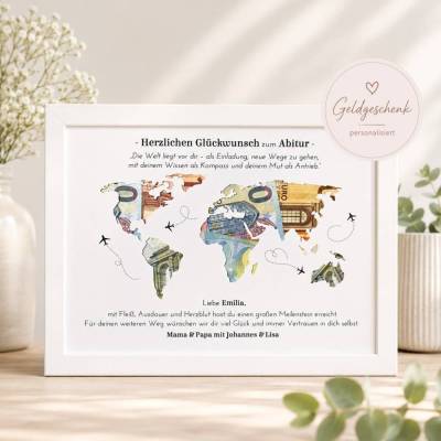 Abitur Geschenk Weltkarte personalisiert | Geldgeschenk Abitur | Schulabschluss Geschenk Tochter Sohn Abi | (GSA010)
