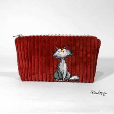 Breitcord-Kosmetiktasche mit Katzenstickerei und Reißverschluss
