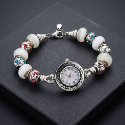 Armbanduhr Damen silber mit Modulen & Strassbeads – stylische Damenuhr