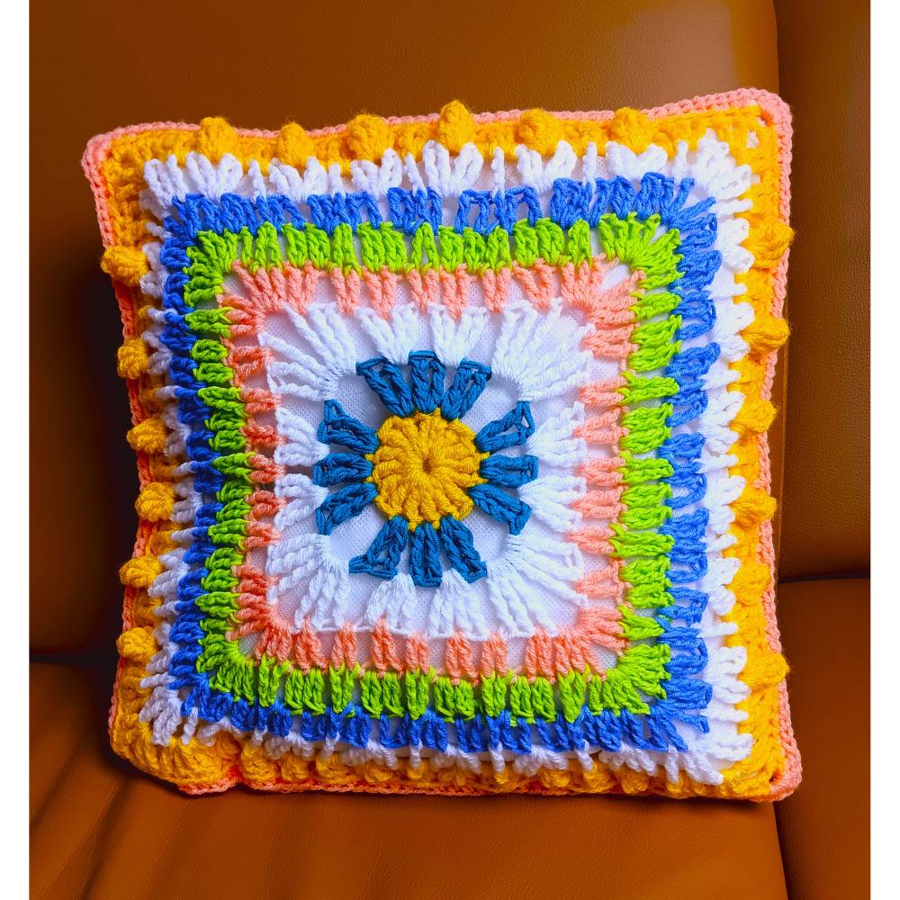 Gehäkelte Kissenhülle 38 x 38 cm bunt Dekokissen Kissenbezug 3D Muster