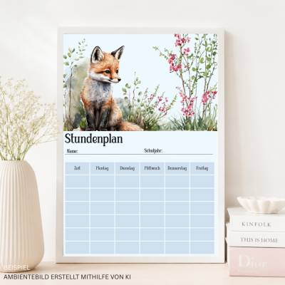 Digitaler Stundenplan Fuchs, Watercolor Design für die Schule, Printable PDF  