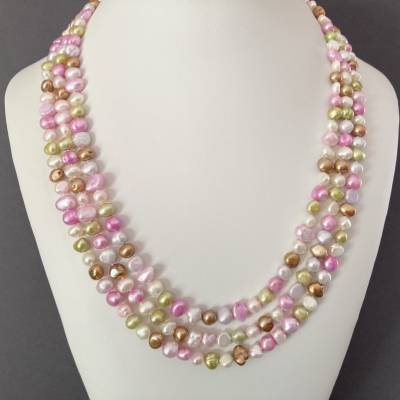 Perlenkette dreireihig rosa bunt, kürzester Strang: 53 cm, Zuchtperlen Kette, Geschenk Frau, Handarbeit