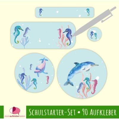 Schulstarter-Set | Delfin & Seepferdchen - 90 teilig, Stifteaufkleber, Schuletiketten - blanko zum Selbstbeschriften