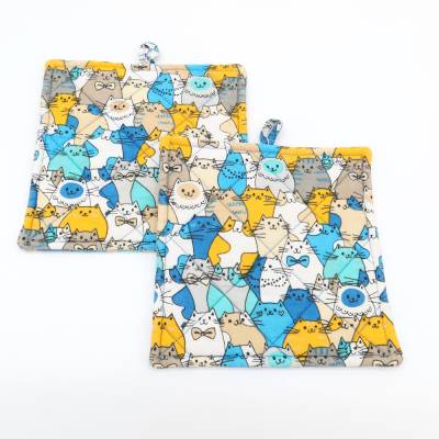 Topflappen Katzenmotiv 2er Set Baumwolle 19x19 Hitzeschutz Küche Untersetzer Geschenk Katzenmama Gelb Blau Modern Süß