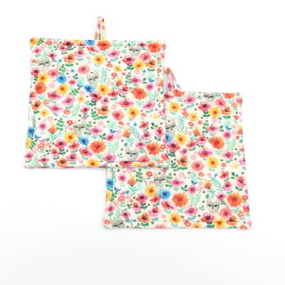 Topflappen Blumenwiese 2er Set Baumwolle 19x19 Hitzeschutz Küche Untersetzer Geschenk Katzen Motiv Sonnenbrille Bunt