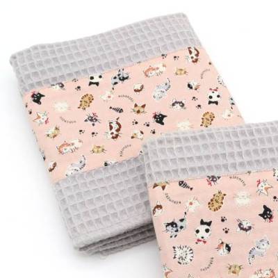 Geschirrtücher Waffelpiqué 2er Set Baumwolle Küchentücher 52x43 Handtücher Küche Katze Vögel Borte Grau Blau Handarbeit